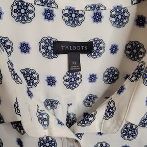 Talbots Shirt Women's Size XL White Blue Medallion Button Up L/S Top Career